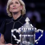 NEW YORK, NEW YORK - SEPTEMBER 06: Former US Open champion Chris Evert stands near the Women's Championship trophy during the ceremony after the Women's Singles Final match at USTA Billie Jean King National Tennis Center on September 06, 2025 in the Flushing neighborhood of the Queens borough of New York City. Elsa/Getty Images/AFP