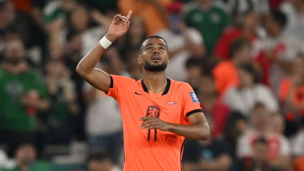 Netherlands' forward #11 Cody Gakpo celebrates scoring his team's first goal during the 2026 World Cup round of 32 football match between the Netherlands and Morocco at the Monterrey Stadium in Guadalupe on June 29, 2026.