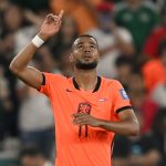 Netherlands' forward #11 Cody Gakpo celebrates scoring his team's first goal during the 2026 World Cup round of 32 football match between the Netherlands and Morocco at the Monterrey Stadium in Guadalupe on June 29, 2026.