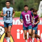 PALM BEACH GARDENS, FLORIDA - JUNE 16: Cristiano Ronaldo #7, Ruben Neves #21 Pedro Neto #18 and Nelson Semedo #2 of Portugal run during the training of Portugal one day ahead of the FIFA World Cup 2026 Group K match between Portugal and Congo DR at Houston Stadium on June 16, 2026 in Houston, Texas. Leonardo Fernandez/Getty Images/AFP