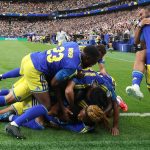 HOUSTON, TEXAS - JUNE 14: Livano Comenencia #8 of Curacao celebrates scoring his team's first goal during the FIFA World Cup 2026 Group E match between Germany and Curacao at Houston Stadium on June 14, 2026 in Houston, Texas. Alexander Hassenstein/Getty Images/AFP