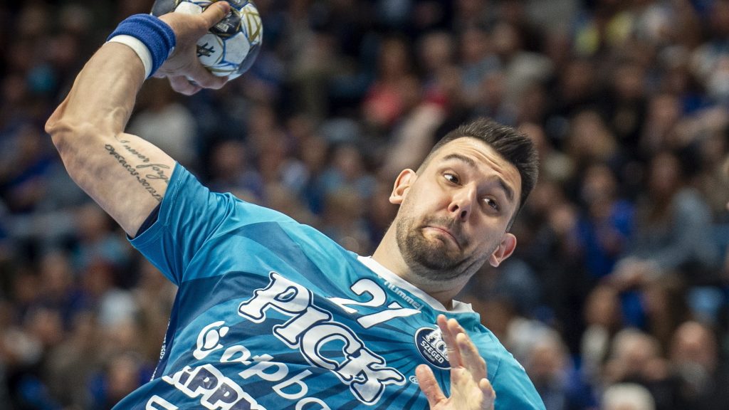 Bánhidi Bence, a Szeged játékosa a férfi kézilabda Bajnokok Ligája negyeddöntõjében játszott OTP Bank-Pick Szeged - SC Magdeburg elsõ mérkõzésen a szegedi Pick Arénában 2026. április 29-én. A Szeged kikapott 28-35-re.