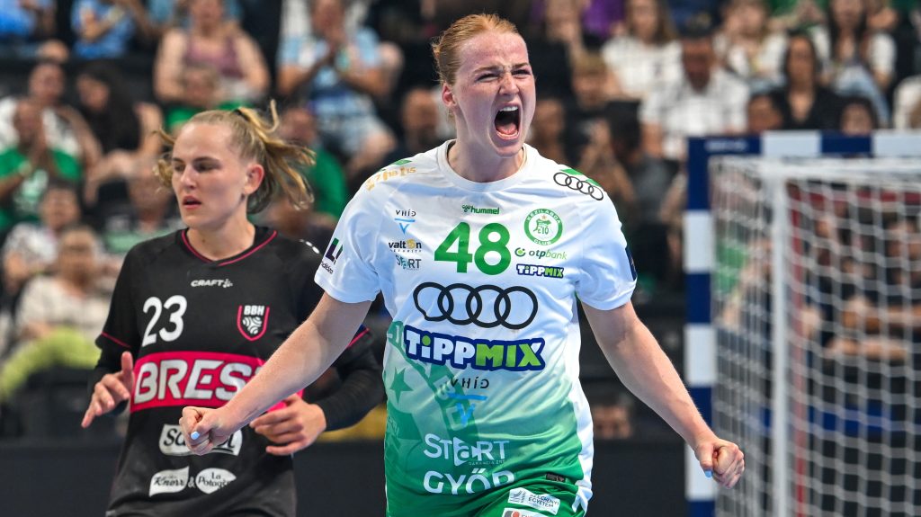 Dione Houshheer, a Gyõri Audi ETO KC (j) és Annika Lott, a Brest Bretagne játékosa.