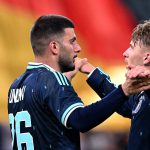 Germany's forward #26 Deniz Undav (L) celebrates scoring his team's third goal with Germany's midfielder #25 Lennart Karl during a friendly match between Germany and Finland ahead of the 2026 FIFA World Cup football tournament, in Mainz, western Germany on May 31, 2026.