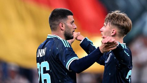 Germany's forward #26 Deniz Undav (L) celebrates scoring his team's third goal with Germany's midfielder #25 Lennart Karl during a friendly match between Germany and Finland ahead of the 2026 FIFA World Cup football tournament, in Mainz, western Germany on May 31, 2026.