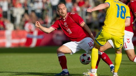 Denmark's Christian Eriksen in action with Ukraine's Oleh Ocheretko during the international football match between Denmark and Ukraine at Odense Stadium on Sunday, June 7, 2026. (Photo: Bo Amstrup/Ritzau Scanpix)