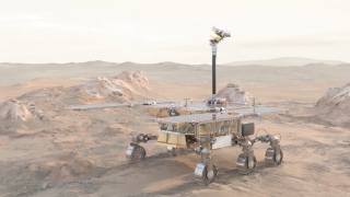 Az ExoMars Rosalind Franklin marsjáró művészi ábrázolása.