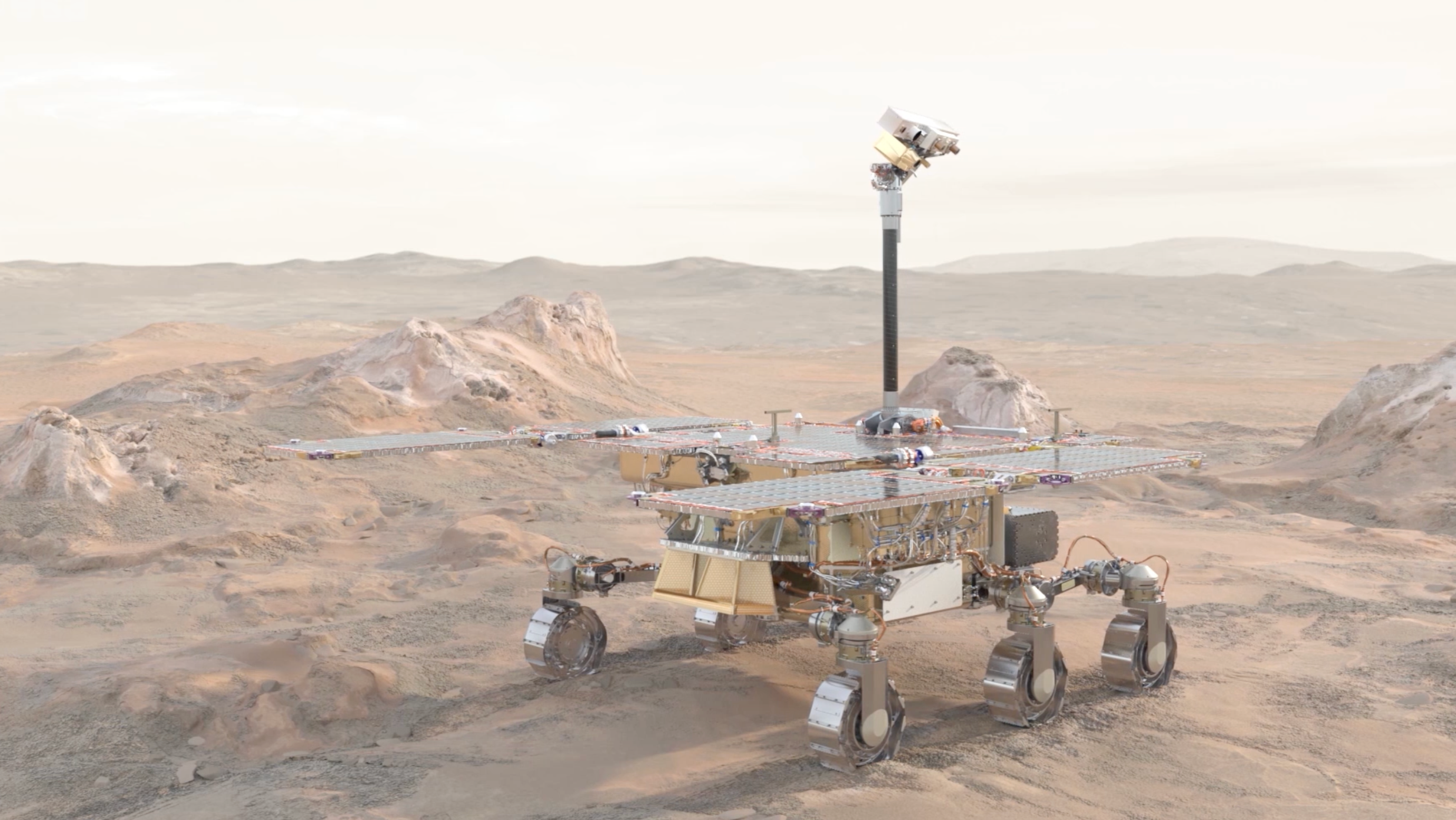 Az ExoMars Rosalind Franklin marsjáró művészi ábrázolása.