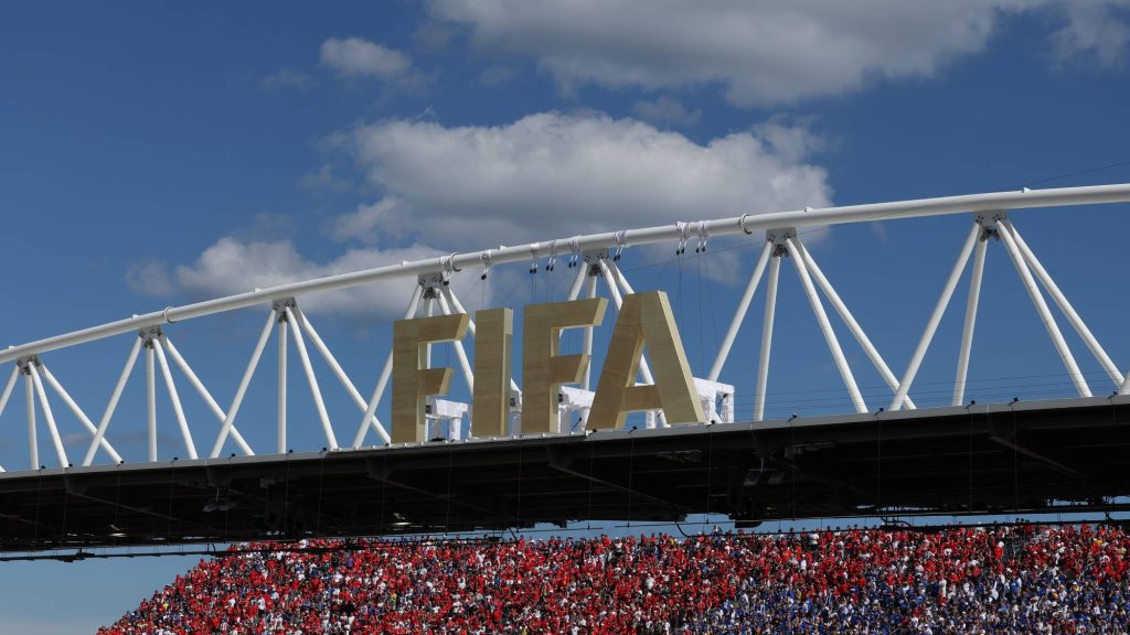 TORONTO, ONTARIO - JUNE 12: Detail shot of giant FIFA logo and supporters in grandstand during the FIFA World Cup 2026 Group B match between Canada and Bosnia and Herzegovina at Toronto Stadium on June 12, 2026 in Toronto, Ontario. (Photo by Michael Steele/Getty Images)