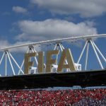 TORONTO, ONTARIO - JUNE 12: Detail shot of giant FIFA logo and supporters in grandstand during the FIFA World Cup 2026 Group B match between Canada and Bosnia and Herzegovina at Toronto Stadium on June 12, 2026 in Toronto, Ontario. (Photo by Michael Steele/Getty Images)