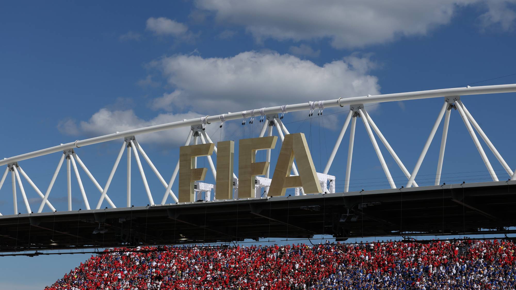 TORONTO, ONTARIO - JUNE 12: Detail shot of giant FIFA logo and supporters in grandstand during the FIFA World Cup 2026 Group B match between Canada and Bosnia and Herzegovina at Toronto Stadium on June 12, 2026 in Toronto, Ontario. (Photo by Michael Steele/Getty Images)