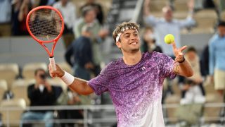PARIS, FRANCE - JUNE 3: Flavio Cobolli of Italy celebrates after winning against Felix Auger-Aliassime (not seen) of Canada during Men's Singles quarter-final match on the eleventh day of the French Open at Philippe-Chatrier Court in Paris, France, on June 3, 2026. Mustafa Yalcin / Anadolu