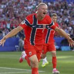 FOXBOROUGH, MASSACHUSETTS - JUNE 16: Erling Haaland #9 of Norway celebrates scoring his team's first goal during the FIFA World Cup 2026 Group I match between Iraq and Norway at Boston Stadium on June 16, 2026 in Foxborough, Massachusetts. Justin Setterfield/Getty Images/AFP