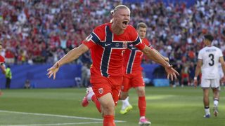FOXBOROUGH, MASSACHUSETTS - JUNE 16: Erling Haaland #9 of Norway celebrates scoring his team's first goal during the FIFA World Cup 2026 Group I match between Iraq and Norway at Boston Stadium on June 16, 2026 in Foxborough, Massachusetts. Justin Setterfield/Getty Images/AFP