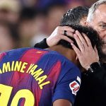 Barcelona's German coach Hans-Dieter Flick hugs Barcelona's Spanish forward #10 Lamine Yamal as he is substituted due to an injury during the Spanish league football match between FC Barcelona and RC Celta de Vigo at Camp Nou stadium in Barcelona on April 22 , 2026. Spain's Lamine Yamal has picked up a hamstring injury, but is expected to be fit for the upcoming World Cup, his club Barcelona announced on April 23, 2026.