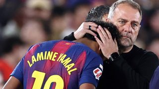 Barcelona's German coach Hans-Dieter Flick hugs Barcelona's Spanish forward #10 Lamine Yamal as he is substituted due to an injury during the Spanish league football match between FC Barcelona and RC Celta de Vigo at Camp Nou stadium in Barcelona on April 22 , 2026. Spain's Lamine Yamal has picked up a hamstring injury, but is expected to be fit for the upcoming World Cup, his club Barcelona announced on April 23, 2026.