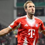 Bayern Munich's English forward #09 Harry Kane celebrates scoring the opening goal during the German Cup (DFB-Pokal) semi-final football match between Bayer 04 Leverkusen and FC Bayern Munich in Leverkusen, western Germany on April 22, 2026.