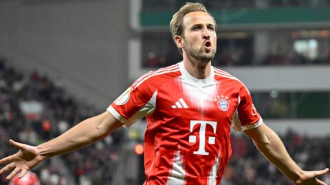 Bayern Munich's English forward #09 Harry Kane celebrates scoring the opening goal during the German Cup (DFB-Pokal) semi-final football match between Bayer 04 Leverkusen and FC Bayern Munich in Leverkusen, western Germany on April 22, 2026.