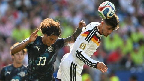 Germany's forward #07 Kai Havertz scores his team's first goal during the 2026 World Cup round of 32 football match between Germany and Paraguay at the Boston Stadium in Foxborough on June 29, 2026.