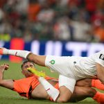 Netherlands' defender #15 Micky Van de Ven and Morocco's defender #02 Achraf Hakimi fight for the ball during the 2026 World Cup round of 32 football match between the Netherlands and Morocco at the Monterrey Stadium in Guadalupe on June 29, 2026.