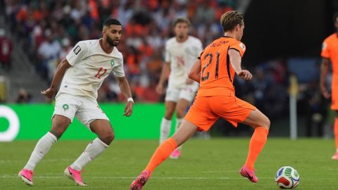 MONTERREY, MEXICO - JUNE 29: Frenkie de Jong (21) of Netherlands in action against Ismael Saibari (11) of Morocco during the 2026 FIFA World Cup Round of 32 match between Netherlands and Morocco at Estadio BBVA (Monterrey Stadium) in Monterrey, Mexico on June 29, 2026. Juancho Torres / Anadolu