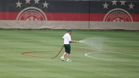 10 June 2026, USA, Winston-Salem: Soccer: National team, Germany, training, before the first World Cup match against Curaçao. The pitch is being watered. Photo: Jan Woitas/dpa