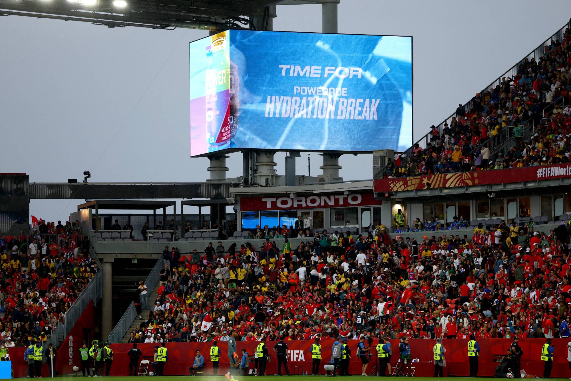 TORONTO, ONTARIO - JUNE 17: The big screen displays the hydration break during the FIFA World Cup 2026 Group L match between Ghana and Panama at Toronto Stadium on June 17, 2026 in Toronto, Ontario. Robert Cianflone/Getty Images/AFP