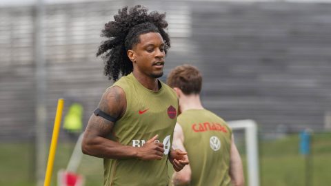 Jayden Nelson #26 of Canada national football team warms-up during the training day, ahead the 2026 FIFA World Cup Group B match against Bosnia and Herzegovina at TorontoFC Training Ground. on June 9, 2026 in Toronto, Canada.