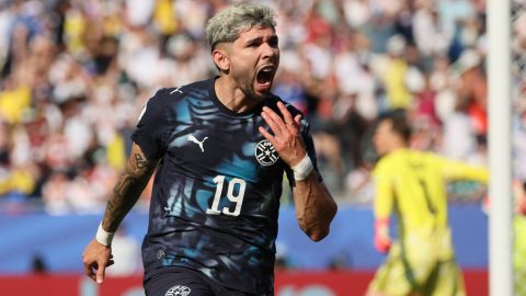 Paraguay's midfielder #19 Julio Enciso celebrates scoring his team's first goal during the 2026 World Cup round of 32 football match between Germany and Paraguay at the Boston Stadium in Foxborough on June 29, 2026.