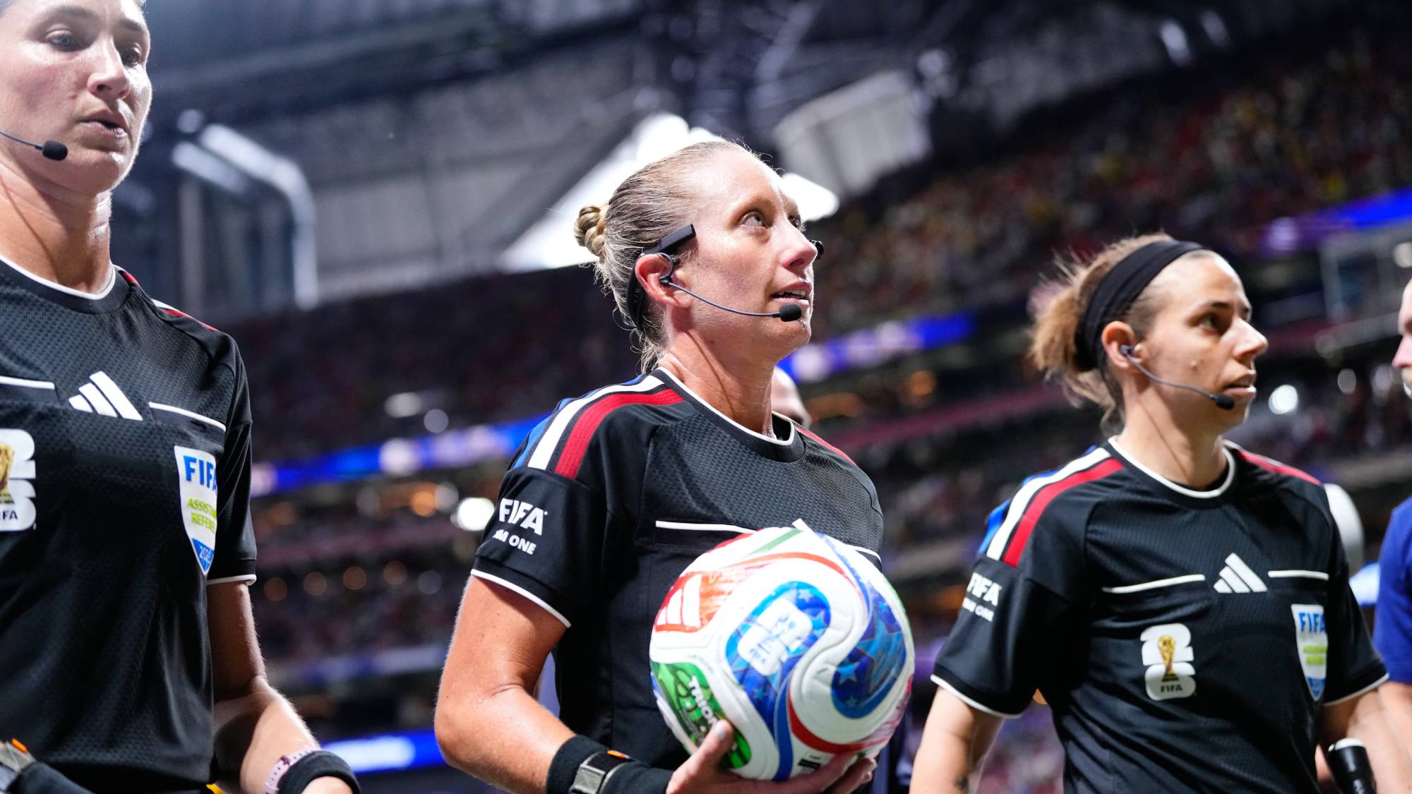 ATLANTA, UNITED STATES - JUNE 18: Referee Tori Penso (C), assistant referee Brooke Mayo (R) and Kathryn Nesbitt (L) are seen prior the 2026 FIFA World Cup First Stage Group A match between Czechia and South Africa at Mercedes-Benz Stadium (Atlanta Stadium) in Atlanta, Georgia, United States on June 18, 2026. Jose Hernandez / Anadolu