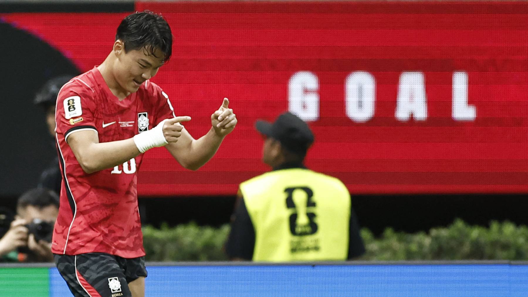 South Korea's forward #18 Oh Hyeon-gyu celebrates scoring his team's second goal during the 2026 World Cup Group A football match between South Korea and the Czech Republic at the Guadalajara Stadium in Zapopan on June 11, 2026.