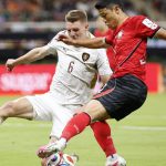 Czech Republic's defender #06 Stepan Chaloupek and South Korea's midfielder #11 Hwang Hee-chan fight for the ball during the 2026 World Cup Group A football match between South Korea and the Czech Republic at the Guadalajara Stadium in Zapopan on June 11, 2026.