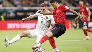 Czech Republic's defender #06 Stepan Chaloupek and South Korea's midfielder #11 Hwang Hee-chan fight for the ball during the 2026 World Cup Group A football match between South Korea and the Czech Republic at the Guadalajara Stadium in Zapopan on June 11, 2026.