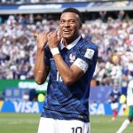 France's forward #10 Kylian Mbappe celebrates after scoring his team's first goal during the 2026 World Cup Group I football match between France and Senegal at the New York/New Jersey Stadium in East Rutherford on June 16, 2026.