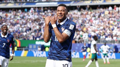 France's forward #10 Kylian Mbappe celebrates after scoring his team's first goal during the 2026 World Cup Group I football match between France and Senegal at the New York/New Jersey Stadium in East Rutherford on June 16, 2026.
