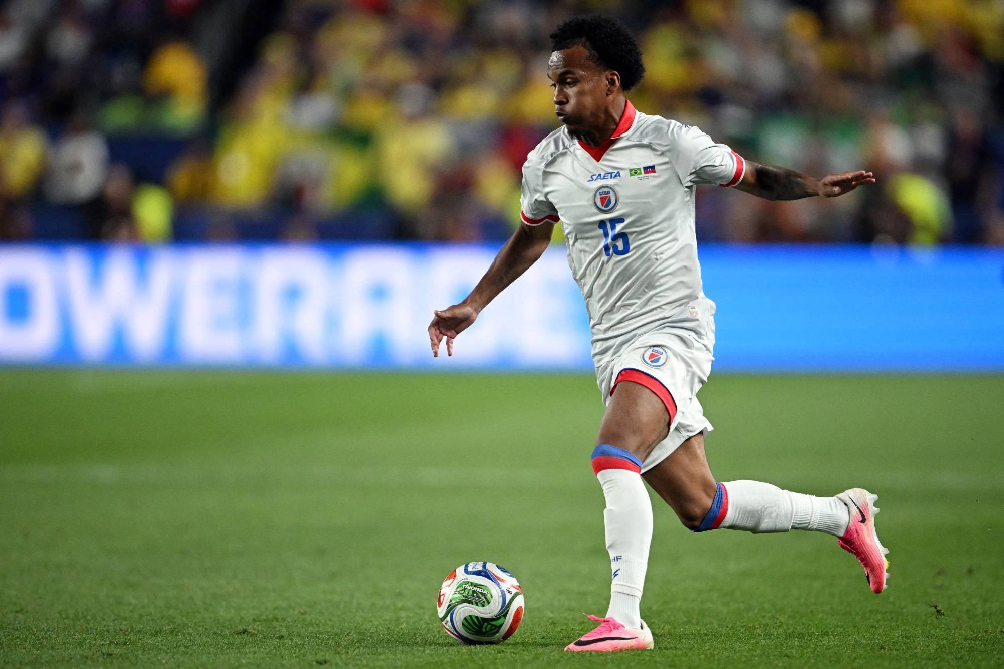 Haiti's forward #16 Lenny Joseph controls the ball during the 2026 World Cup Group C football match between Brazil and Haiti at the Philadelphia Stadium in Philadelphia on June 19, 2026.