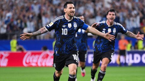 ARLINGTON, TEXAS - JUNE 27: Lionel Messi #10 of Argentina celebrates scoring his team's third goal during the FIFA World Cup 2026 Group J match between Jordan and Argentina at Dallas Stadium on June 27, 2026 in Arlington, Texas. David Ramos/Getty Images/AFP