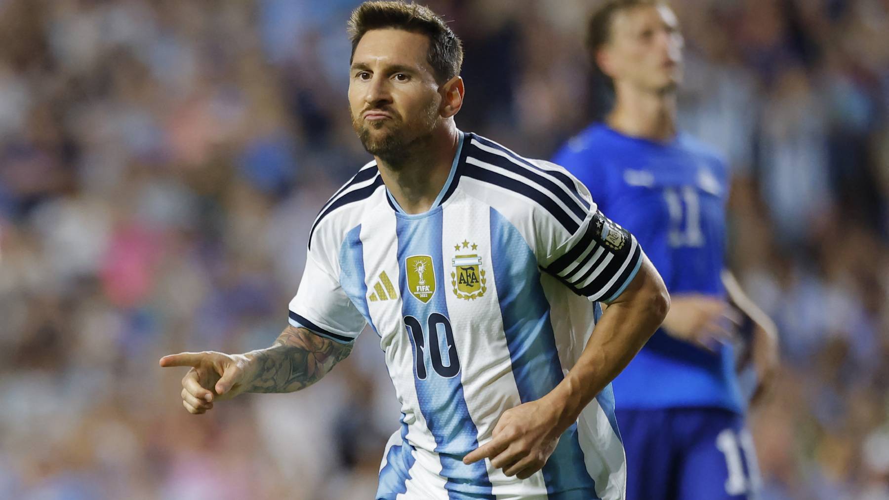 AUBURN, ALABAMA - JUNE 09: Lionel Messi of Argentina celebrates after scoring the team's second goal during the international friendly match between Argentina and Iceland at Jordan-Hare Stadium on June 09, 2026 in Auburn, Alabama. Todd Kirkland/Getty Images/AFP