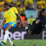 FORTALEZA, BRAZIL - JUNE 09: Ludmila of Brazil competes for the ball with Kennedy Wesley of United States during the international friendly match between Brazil and United States at Arena Castelão on June 09, 2026 in Fortaleza, Brazil. (Photo by Brad Smith/USSF/Getty Images)