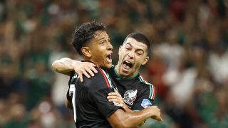 Mexico's midfielder #07 Luis Romo celebrates with teammate midfielder #06 Erik Lira scoring his team's first goal during the 2026 World Cup Group A football match between Mexico and South Korea at the Guadalajara Stadium in Zapopan on June 18, 2026.