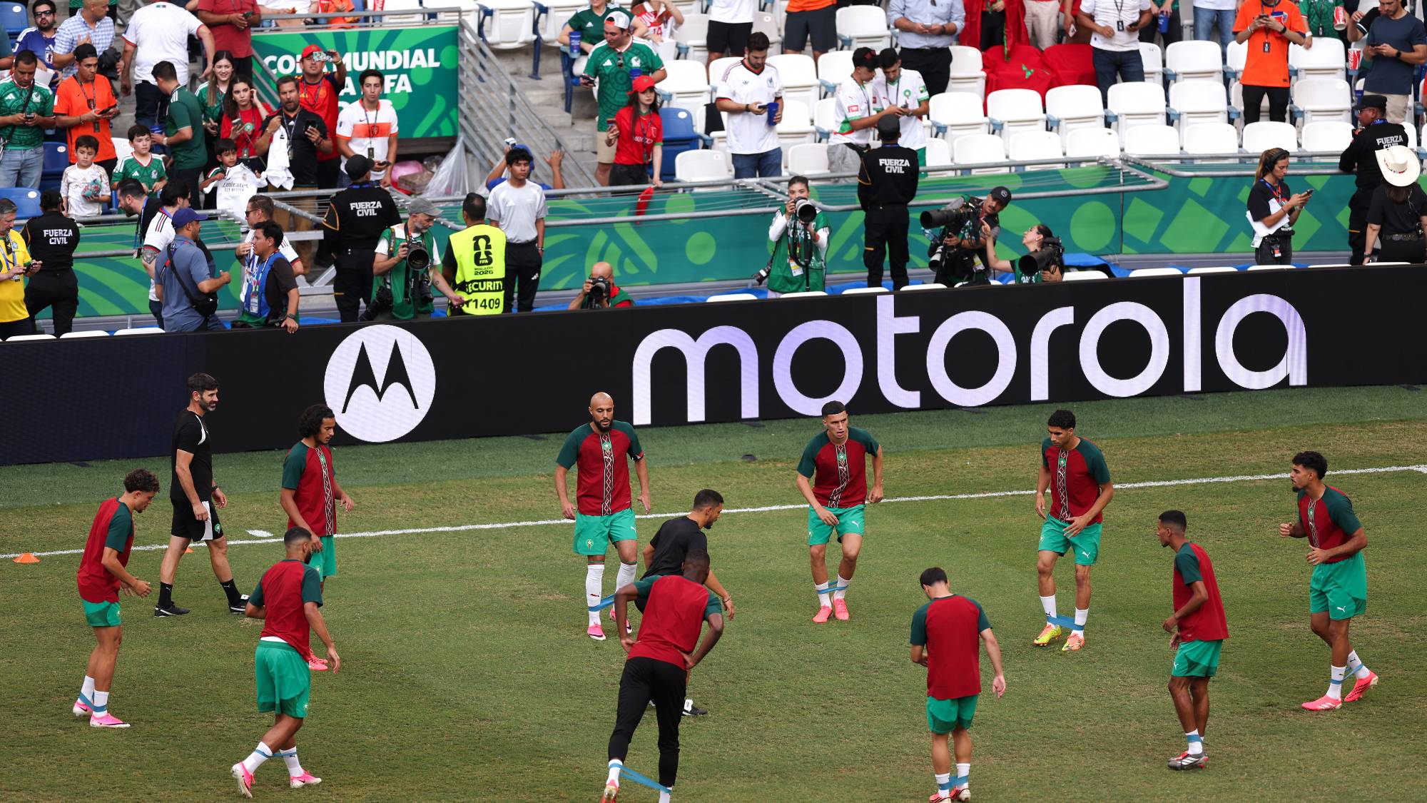 Morocco's players warm up ahead of the 2026 World Cup round of 32 football match between the Netherlands and Morocco at the Monterrey Stadium in Guadalupe on June 29, 2026.