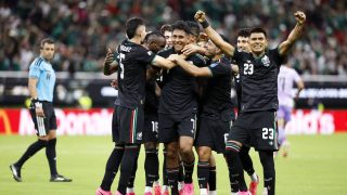 Mexico's midfielder #07 Luis Romo celebrates with teammates scoring his team's first goal during the 2026 World Cup Group A football match between Mexico and South Korea at the Guadalajara Stadium in Zapopan on June 18, 2026.