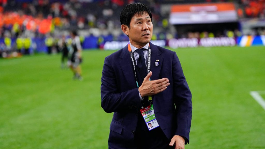 Hajime Moriyasu, head coach of Japan, greets the supporters during the FIFA World Cup 2026 Group F match between Netherlands and Japan at Dallas Stadium on June 14, 2026 in Dallas, Texas. (Photo by Jose Breton/Pics Action/NurPhoto)