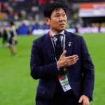 Hajime Moriyasu, head coach of Japan, greets the supporters during the FIFA World Cup 2026 Group F match between Netherlands and Japan at Dallas Stadium on June 14, 2026 in Dallas, Texas. (Photo by Jose Breton/Pics Action/NurPhoto)