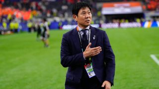 Hajime Moriyasu, head coach of Japan, greets the supporters during the FIFA World Cup 2026 Group F match between Netherlands and Japan at Dallas Stadium on June 14, 2026 in Dallas, Texas. (Photo by Jose Breton/Pics Action/NurPhoto)