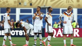(From L) Germany's defender #03 Waldemar Anton, defender #18 Nathaniel Brown, defender #24 Malick Thiaw, defender #04 Jonathan Tah and forward #11 Nick Woltemade react after losing the penalty shootout during the 2026 World Cup round of 32 football match between Germany and Paraguay at the Boston Stadium in Foxborough on June 29, 2026.