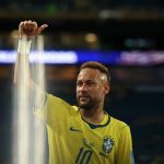 Brazil's forward #10 Neymar celebrates after winning the 2026 World Cup Group C football match between Scotland and Brazil at the Miami Stadium in Miami Gardens on June 24, 2026.