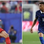 This combination of file pictures created on June 24, 2026 shows Norway's forward Erling Haaland (L) in Foxborough, Massachusetts on June 16, 2026 and France's forward Kylian Mbappe (R) in Philadelphia on June 22, 2026. Norway and France will meet in their final Group I match in Boston on June 26, 2026.