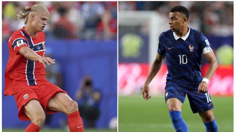 This combination of file pictures created on June 24, 2026 shows Norway's forward Erling Haaland (L) in Foxborough, Massachusetts on June 16, 2026 and France's forward Kylian Mbappe (R) in Philadelphia on June 22, 2026. Norway and France will meet in their final Group I match in Boston on June 26, 2026.