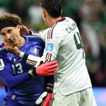 Mexico's goalkeeper #13 Guillermo Ochoa hugs teammate midfielder #04 Edson Alvarez as he is substituted in during the 2026 World Cup Group A football match between the Czech Republic and Mexico at the Mexico City Stadium in Mexico City on June 24, 2026.